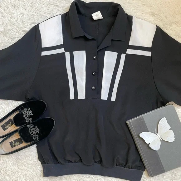 Vintage 80s retro color block casual black and white top - Picture 12 of 13